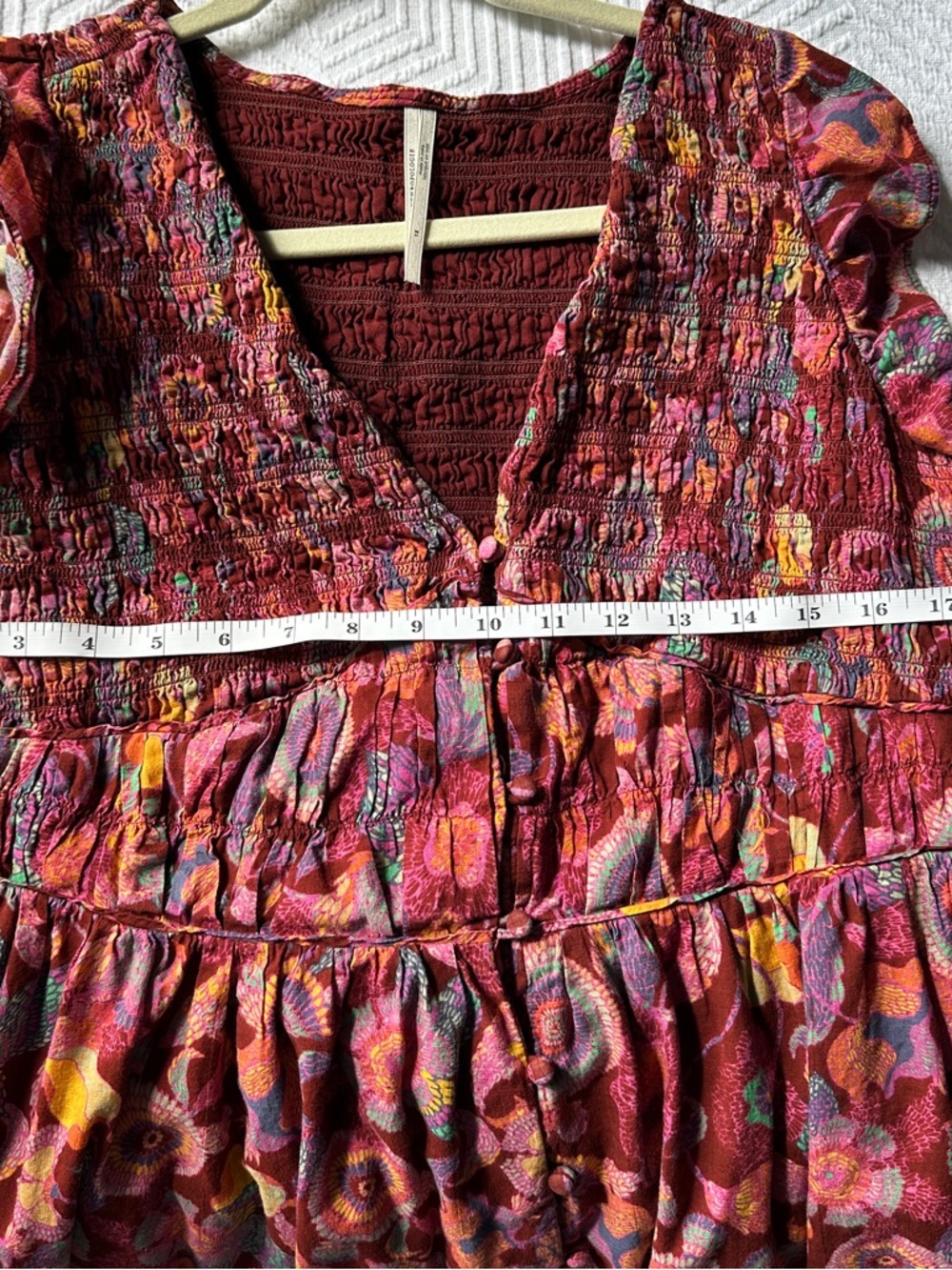 Anthropologie Peregrine Burgundy Floral Midi Dress with Ruffled Shoulders - Picture 9 of 11